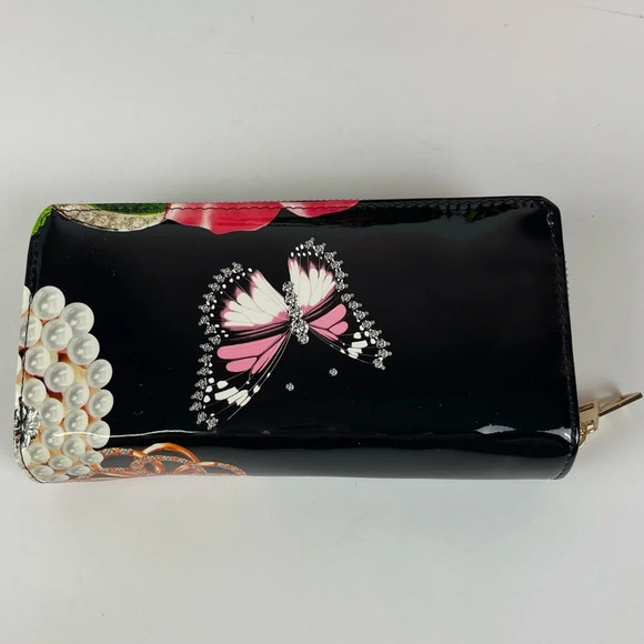 La Miel Double Zip Around Wallet Black Multi Pearl Butterfly Floral Pattern - Picture 2 of 6